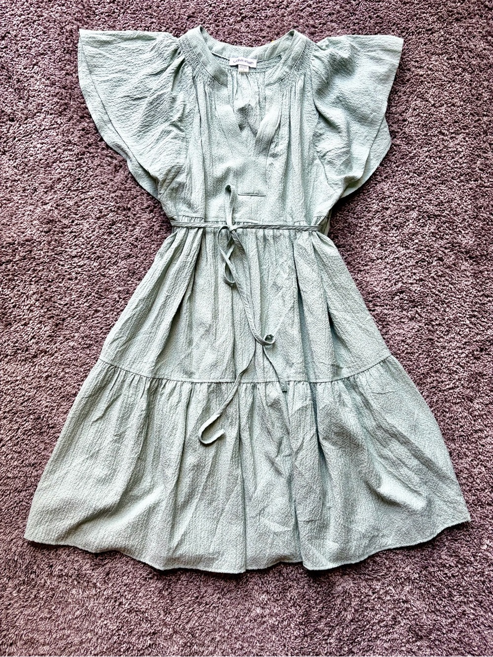 Calvin Klein Light Sage Textured Tiered Midi Dress - Picture 2 of 6